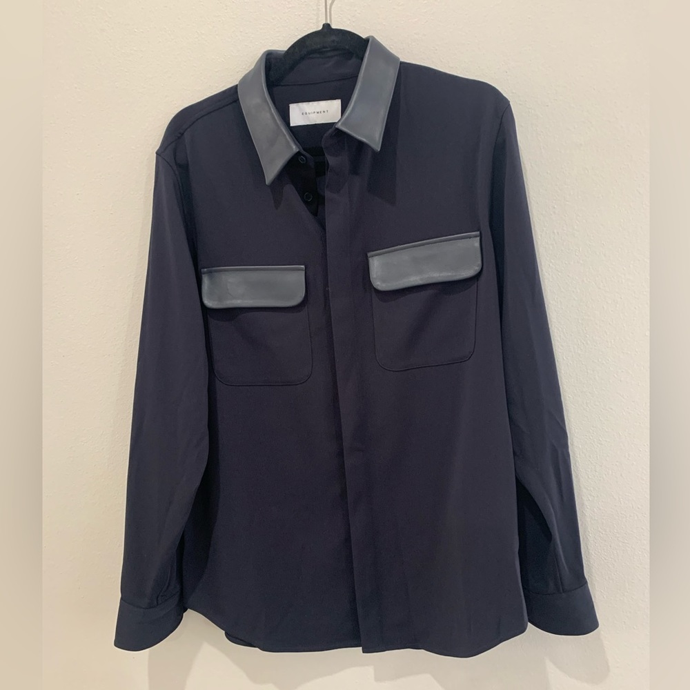Equipment Navy Blouse with Leather Like Detail